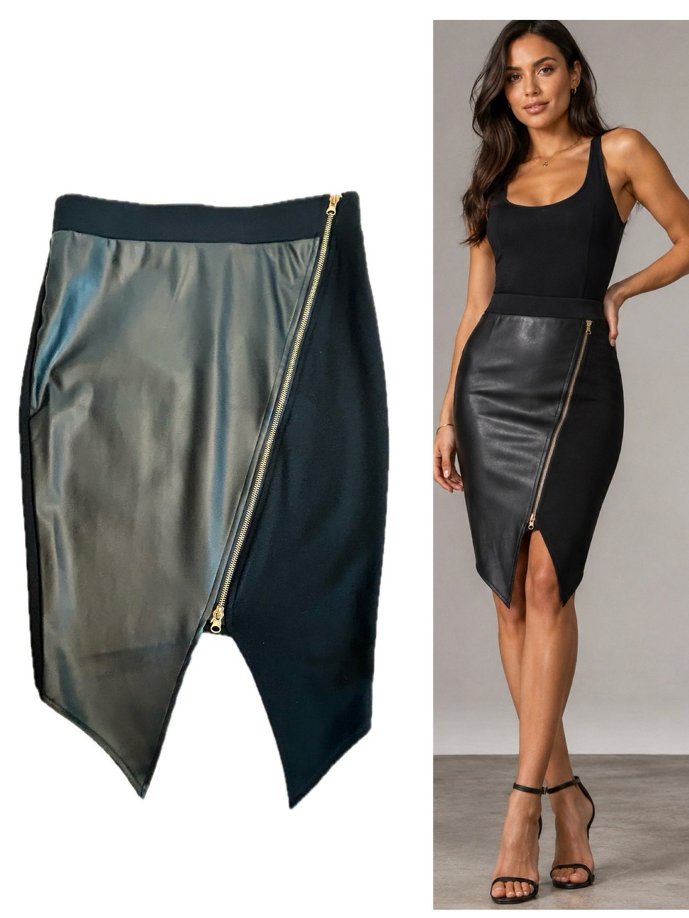 Revamped by Sirens Black Faux Leather Asymmetrical Zip Pencil Skirt Size